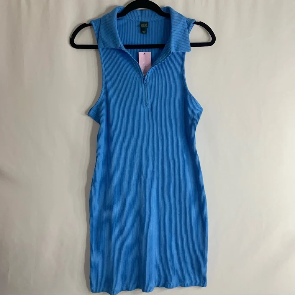 NWT Wild Fable Blue Ribbed Sleeveless Zip Collar Mini Dress, Size L - Picture 7 of 7